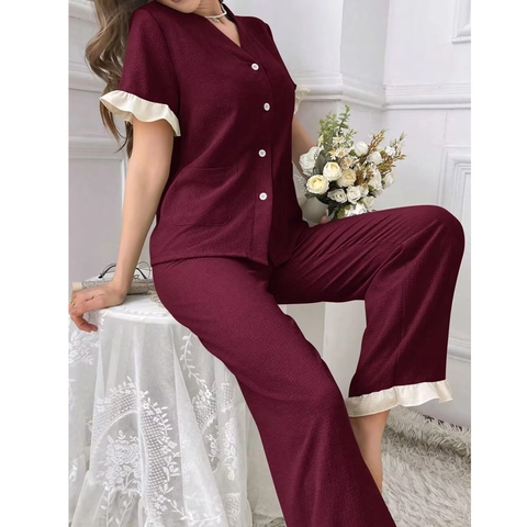 Dames Zoete Pyjamaset Contrast Ruffle Trim Korte Mouw V-Hals Button Down Top Lange Broek Wafeltextuur Loungewear