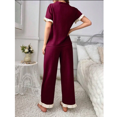 Dames Zoete Pyjamaset Contrast Ruffle Trim Korte Mouw V-Hals Button Down Top Lange Broek Wafeltextuur Loungewear