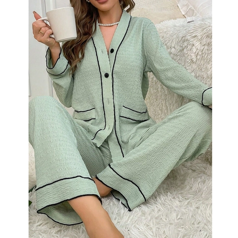 Pijama de Mujer Verde Claro Manga Larga Ribete en Contraste Cuello en V Ropa de Estar en Casa Tela Texturizada Top y Pantalones