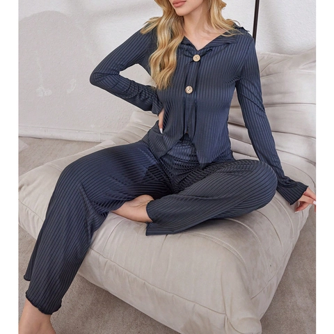 Women's Ribbed Knit Pajama Set Long Sleeve Lapel Top And Long Pants Solid Color Striped Homewear With Wood Buttons
