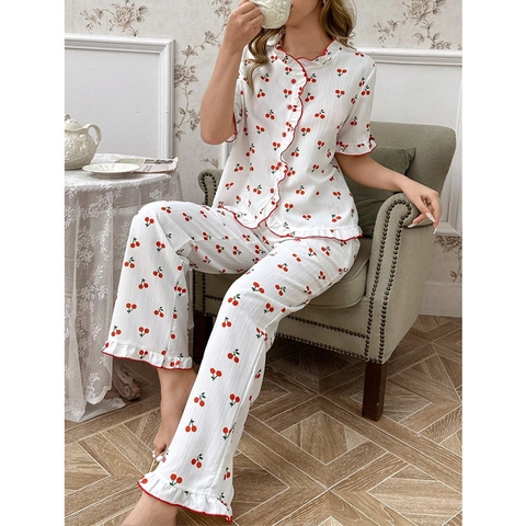 Damen Kirschdruck Schlafanzug Set Kurzarm Cardigan Oberteil Und Lange Hose Süße Home Wear Zweiteilige Loungewear
