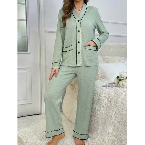Pijama de Mujer Verde Claro Manga Larga Ribete en Contraste Cuello en V Ropa de Estar en Casa Tela Texturizada Top y Pantalones