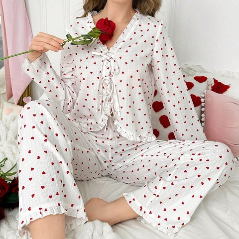 Damen Casual Baumwollmischung Herzmuster Schlafanzug Mit V-Ausschnitt Rüschen Langarm Oberteil Und Hose Süße Nachtwäsche