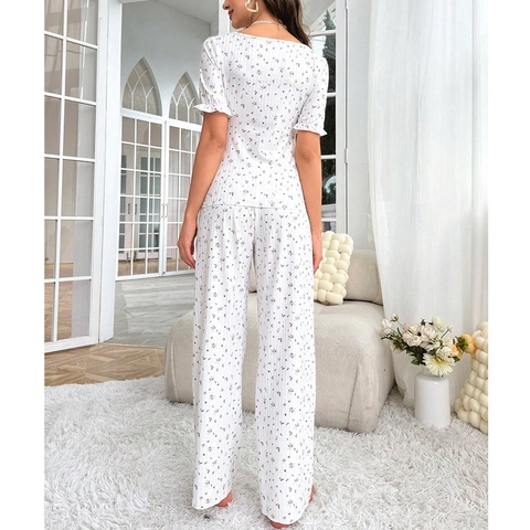Süßes Blumenmuster Loungewear Damen V-Ausschnitt Kurzarm Top Und Lange Hose Rippenstrick Schlafanzug Lässige Hauskleidung Nachtwäsche