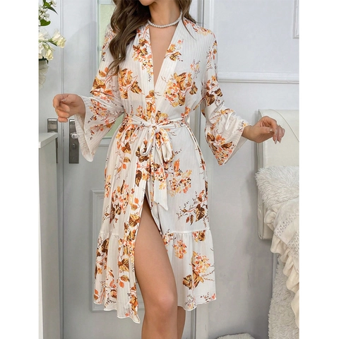 Peignoir Femme Doux Imprimé Floral Col en V Avec Ceinture Ourlet à Volants Manches 3/4 Vêtements de Nuit Robe de Chambre