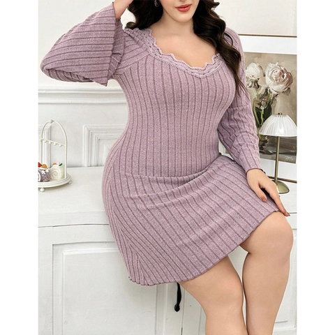 Camicia da Notte da Donna Taglie Forti Scollo a V con Pizzo Maglia a Costine Maniche a Campana Viola Chiaro Vestito da Casa