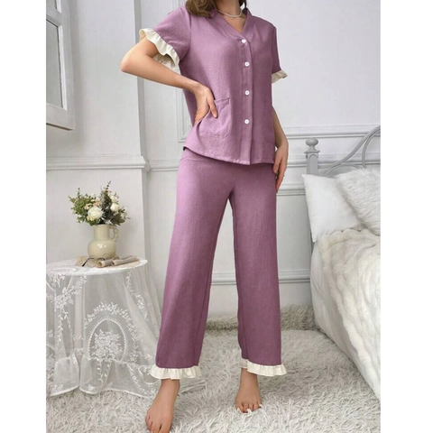 Dames V-hals Ruffle Trim Pyjama Korte Mouw Top And Bottom Casual Zachte Knoopsluiting Loungewear Nachtmode Homewear Voor Dames