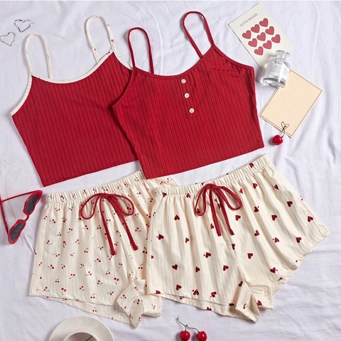 Women Casual Cotton Blend Ribbed Knit Pajama Camisole And Shorts Heart Cherry Floral Print Drawstring Summer Home Wear