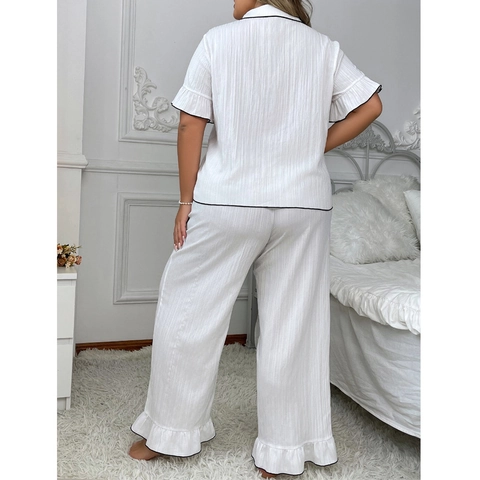 Women Plus Size Pajama Set Short Sleeve Lapel Button Top And Wide Leg Long Pants Contrast Trim Ruffle Loungewear