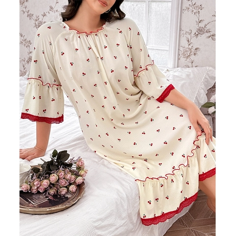 Plus Size Women Cherry Print Nightgown Vintage Sweet Lace Trim Ruffle Hem Loose Short Sleeve Sleepwear Home Wear Dress