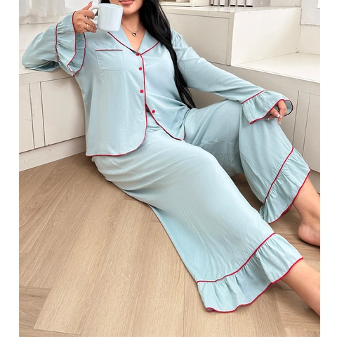 Set Pigiama Donna Taglie Forti Orlo a Volant Manica Lunga Collo a Revers Sopra Pantaloni Profilo a Contrasto Home Lounge