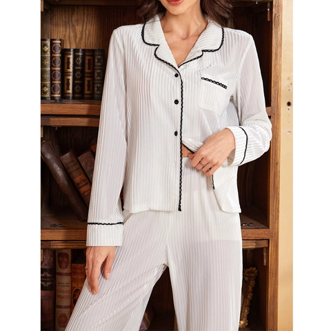 Women Elegant Pleated Loungewear Set Contrast Piping Lapel Long Sleeve Top And Pants Pajama Set Comfortable Soft Home Wear