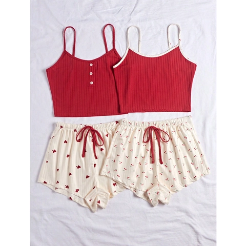 Women Casual Cotton Blend Ribbed Knit Pajama Camisole And Shorts Heart Cherry Floral Print Drawstring Summer Home Wear