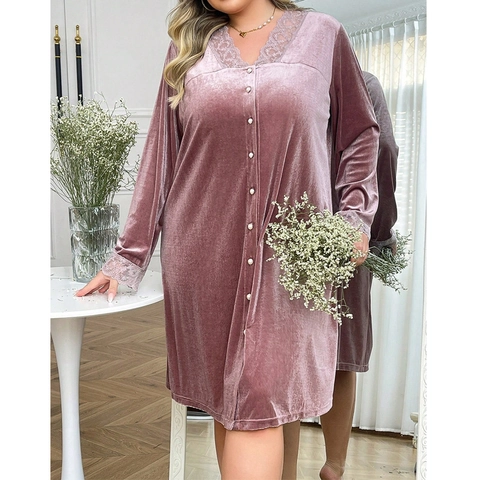 Plus Size Velvet Nightgown For Women Lace V Neck Long Sleeve Button Up Loungewear Dress Elegant Gold Velvet Sleepwear