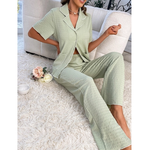 Dames Getextureerde Seersucker Pyjamaset Korte Mouw Reverskraag Top En Lange Broek Huiskleding Met Contrasterende Bies