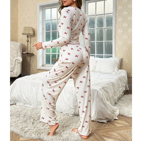 Women Sweet Bow Print Loungewear V-Neck Lace Trim Long Sleeve Top And Wide Leg Pants Comfortable Knit Sleepwear For Home