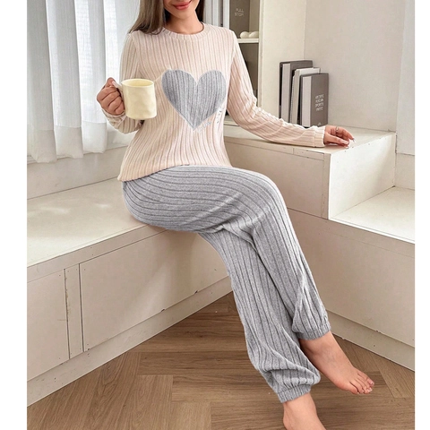 Set da Salotto a Costine da Donna con Stampa a Cuore Top a Maniche Lunghe con Girocollo e Pantaloni Lunghi Set Pigiama Due Pezzi