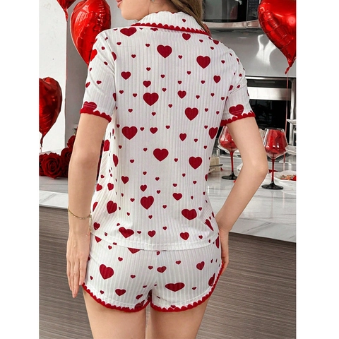 Ensemble de Pyjama Doux Imprimé Cœur pour Femmes Tricot Côtelé Manches Courtes Revers Haut Boutonné et Short