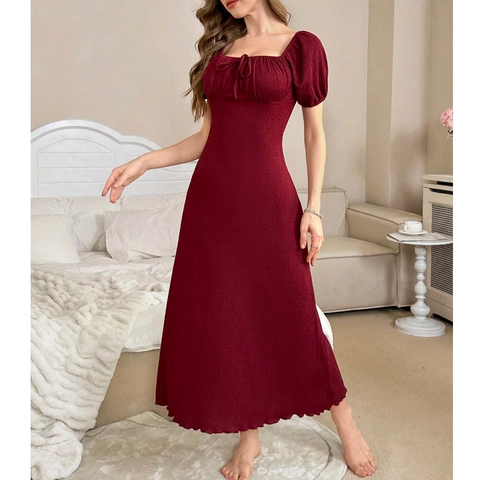 Damen Elegant Weinrot Puffärmel Midi Kleid Vintage Eckiger Ausschnitt Gesmokte Taille Rüschensaum Schlanke Passform Partykleid