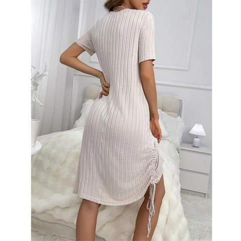 Damen Casual Rippenstrick Nachthemd Herz Liebe Druck Seitenschlitz Kordelzug Rundhals Kurzarm Home Loungewear Kleid