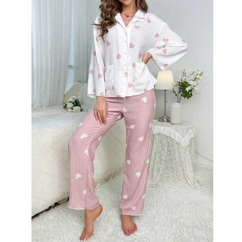 Damen Süßes Herz Druck Seersucker Schlafanzug Revers Langarm Top Und Hose Lässig Weich Homewear Nachtwäsche Für Damen
