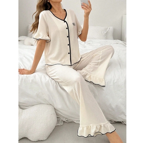 Damen Waffelstrick Schlafanzug-Set Kurzarm-Oberteil Mit Knöpfen Und Lange Hose Loungewear-Set Kontrastpaspelierung Rüschensaum Nachtwäsche