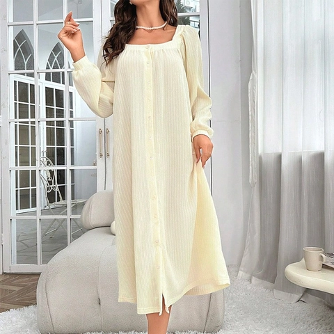 Women's French Elegant Square Neck Long Sleeve Nightgown Dress Pleated Vertical Texture Button Front Side Slit Sleepwear