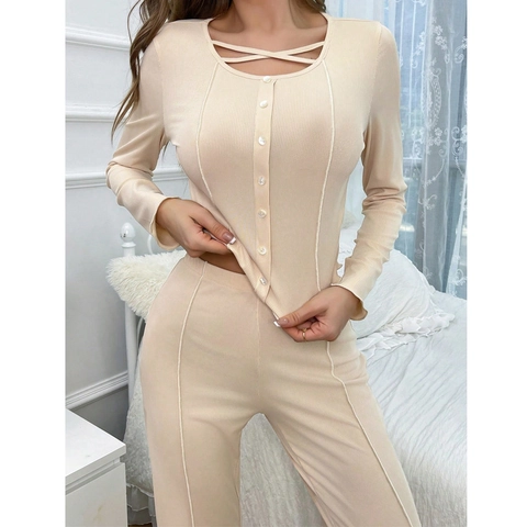 Pijama Acanalado para Mujer Camiseta de Manga Larga Con Botones y Pantalones de Pierna Ancha Dos Piezas Ropa de Casa