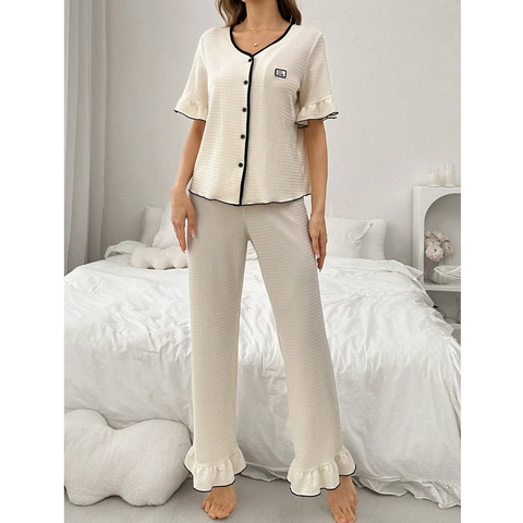 Damen Waffelstrick Schlafanzug-Set Kurzarm-Oberteil Mit Knöpfen Und Lange Hose Loungewear-Set Kontrastpaspelierung Rüschensaum Nachtwäsche
