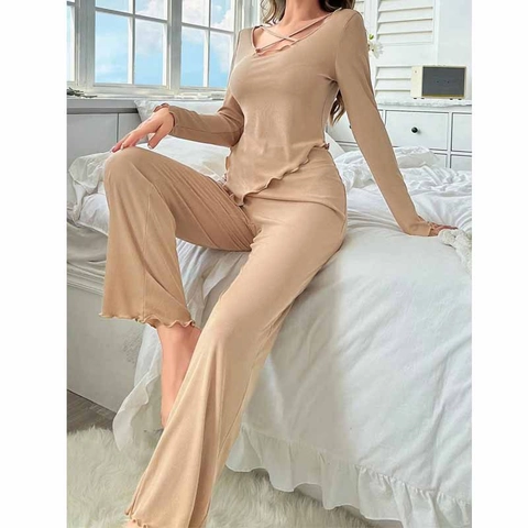 Pigiama da Donna in Maglia a Costine Con Bordo a Lattuga Scollo a V Incrociato Top Manica Lunga Pantaloni a Gamba Larga Lounge Wear Comodi