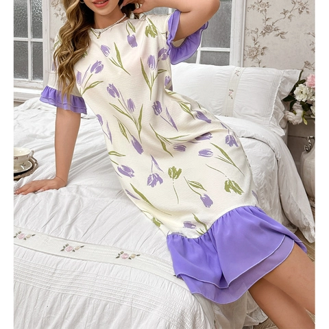 Camicia da Notte Casual da Donna a Fiori Manica Corta Volant Stampa Tulipano Abito per Casa Comodo per l'Estate