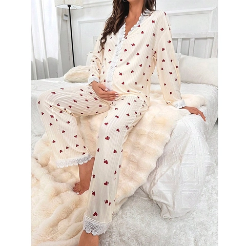 Set Pigiama Maternità Donna Stampa A Cuori Pizzo Manica Lunga Scollo A V Top Con Bottoni E Pantaloni Abbigliamento Da Notte