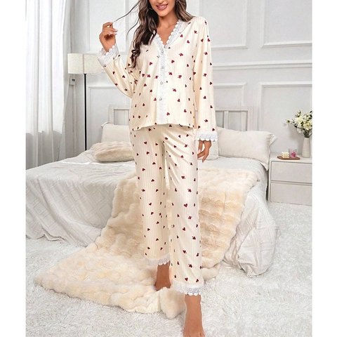 Set Pigiama Maternità Donna Stampa A Cuori Pizzo Manica Lunga Scollo A V Top Con Bottoni E Pantaloni Abbigliamento Da Notte