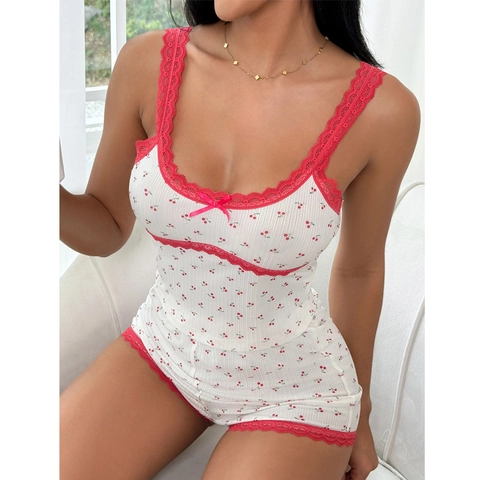 Completo Da Notte Donna Con Stampa Ciliegia E Bordo In Pizzo Top Cami E Pantaloncini A Costine Due Pezzi Dolce Abbigliamento Da Casa Estivo
