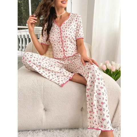 Ensemble Pyjama Fleuri en Mélange de Coton Décontracté pour Femme Col en V Manches Courtes Haut et Pantalon Long Homewear
