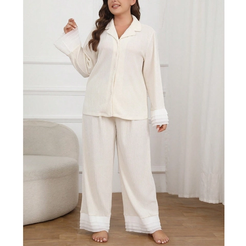 Women Plus Size Loungewear Plisse Pleated Pajamas Button Down Long Sleeve Top And Ruffle Hem Pants Sleepwear Elegant Beige