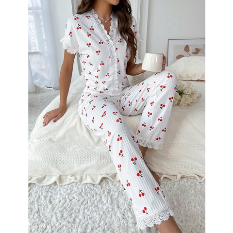 Set Pigiama da Donna Manica Corta Scollo a V Bordo in Pizzo Ciliegia Floreale Loungewear Top a Costine e Pantaloni Due Pezzi