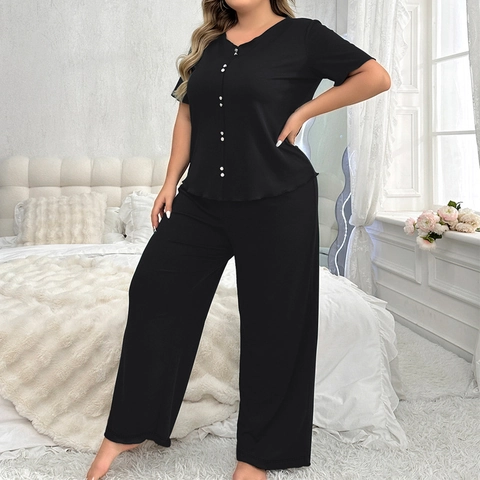 Damen Übergröße Loungewear Set Kurzarm Oberteil Mit Knöpfen Und Lange Hose Schlafanzug Set Bequeme Nachtwäsche Für Damen