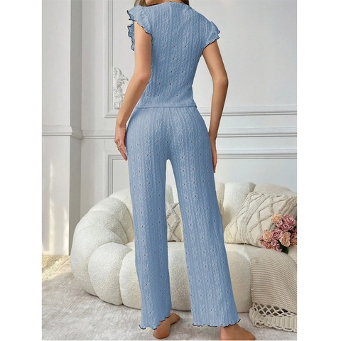 Pigiama da Donna Dolce Loungewear Pizzo Ajouré Top E Pantaloni Lunghi Orlo Con Volant Fiocco Abbigliamento Casa Casual