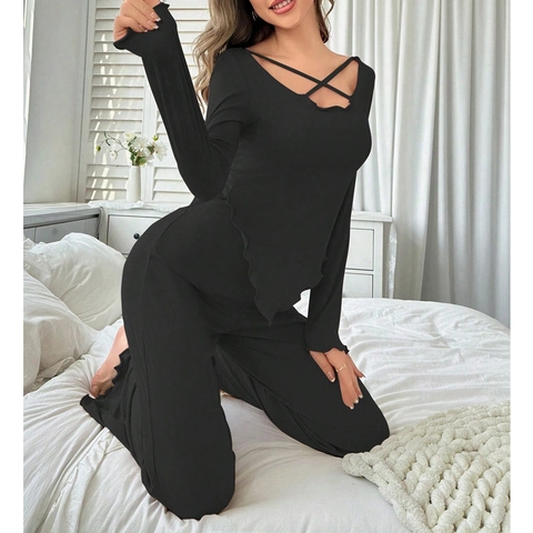 Pigiama da Donna in Maglia a Coste Parte Superiore E Inferiore Casual Manica Lunga Scollo Incrociato Bordo a Lattuga