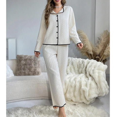 Set Pigiama Caldo Ispessito da Donna a Trecce Manica Lunga con Bottoni Top e Pantaloni Abbigliamento da Casa per l'Inverno