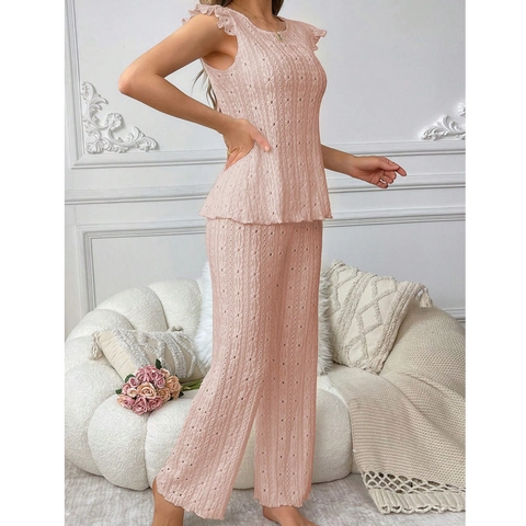 Elegante Set Pigiama da Donna in Pizzo Sangallo Girocollo Senza Maniche Top Senza Schiena E Pantaloni a Gamba Larga