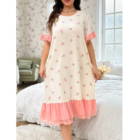 Camicia da Notte da Donna Taglie Forti Floreale Manica Corta Girocollo Vestito da Casa Con Orlo a Volant Rosa Dolce Casual