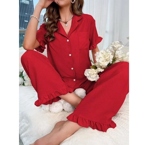 Loungewear Donna Top Manica Corta Revers Con Bottoni E Pantaloni Lunghi Con Bordo Ondulato Due Pezzi Pigiama Casual