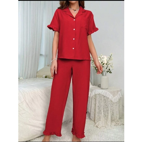 Loungewear Donna Top Manica Corta Revers Con Bottoni E Pantaloni Lunghi Con Bordo Ondulato Due Pezzi Pigiama Casual