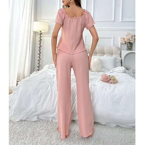 Damen Kurzarm Rosa Pyjama-Set Strukturierte Rüschen Wood Ear Edge Schleife Oberteil Weites Bein Hose Zweiteiler Homewear