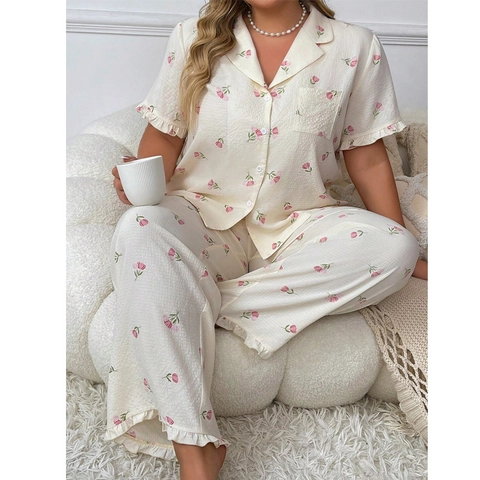 Pijama Talla Grande Mujer Estampado Tulipán Floral Manga Corta Top Con Botones Y Pantalón Largo Volantes Loungewear Noche