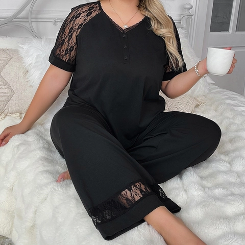 Grote Maten Dames Pyjama Set Kant Patchwork V-Hals Korte Mouw Top En Lange Broek Comfortabele Casual Huiskleding