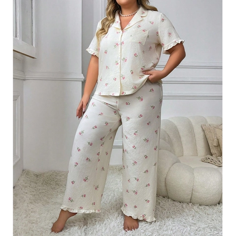 Pijama Talla Grande Mujer Estampado Tulipán Floral Manga Corta Top Con Botones Y Pantalón Largo Volantes Loungewear Noche