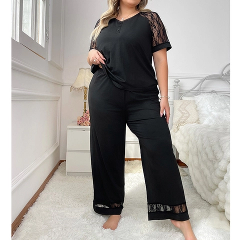 Grote Maten Dames Pyjama Set Kant Patchwork V-Hals Korte Mouw Top En Lange Broek Comfortabele Casual Huiskleding